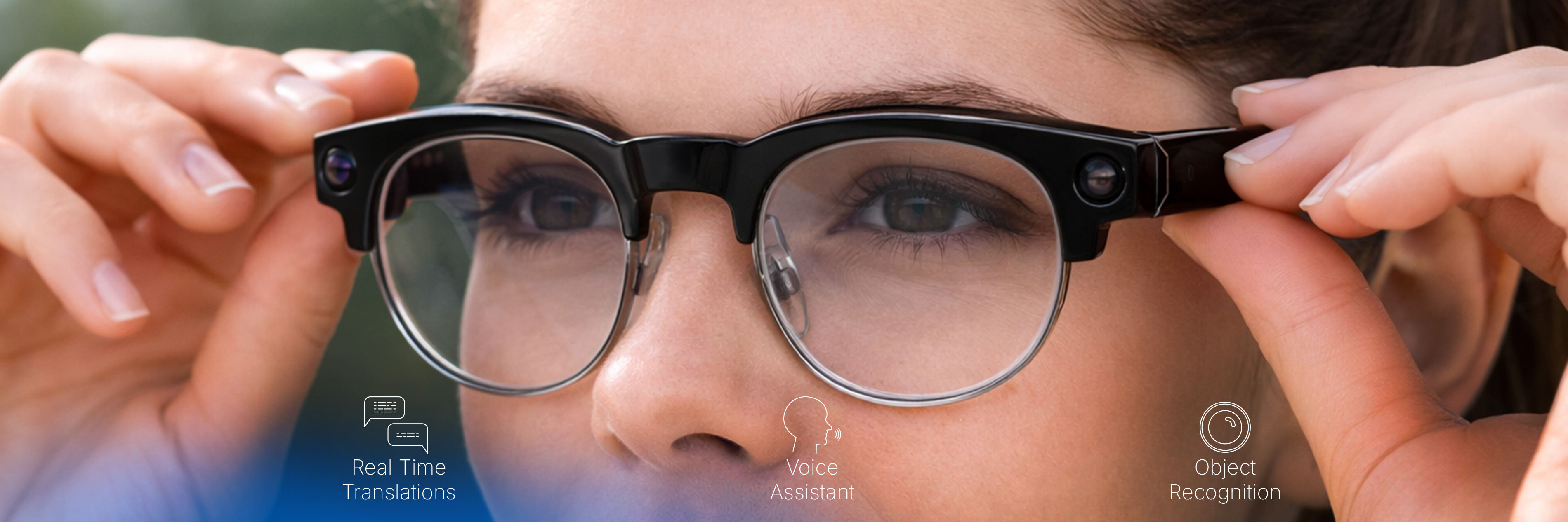 Astrum Global smart glasses worn, showing real-time translation, voice assistant and object recognition features
