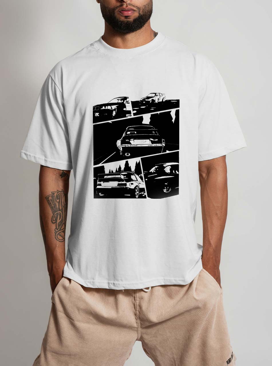 Downslide comic-panel graphic tee, BMW touring imagery